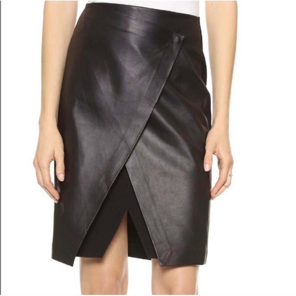 THEORY BLACK FRONT LEATHER WRAP SKIRT
